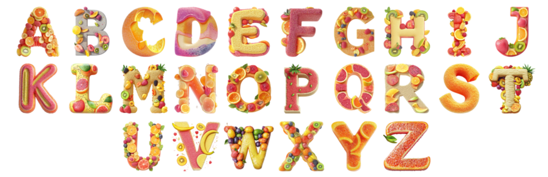 Pack A to Z alphabets Juicy Fruits Style set over Transparent Background for Modern Design Projects, Creative Branding, or Unique Typography Applications