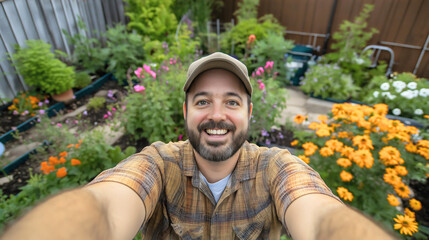 Man Smiling for a Selfie in His Lush Garden: Enjoying the Vibrant Flowers and Plants, Embracing a Relaxing Outdoor Lifestyle and Gardening Hobby with Positive Energy