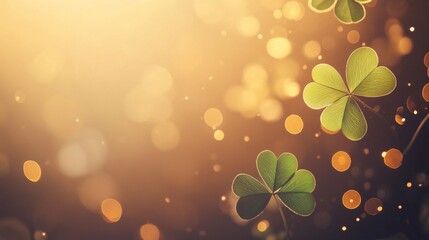 Four beautiful clover leaves float gracefully against a dreamy golden bokeh backdrop, evoking feelings of hope, fortune, and natural elegance of dreams.