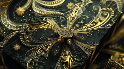 An intricate ornate gold design with exquisite details adorns a dark and luxurious surface, showcasing fine craftsmanship and the opulence of elegant beauty.