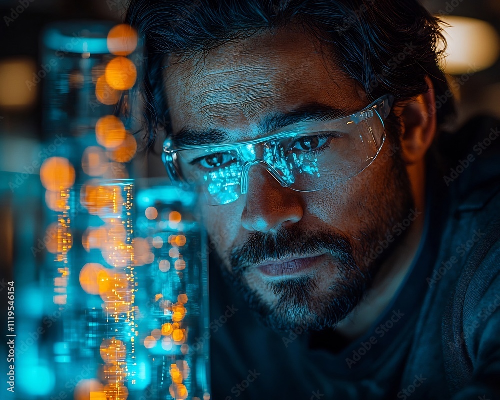 Poster quantum researcher visualizing holographic model of instant data transfer via quantum internet netwo