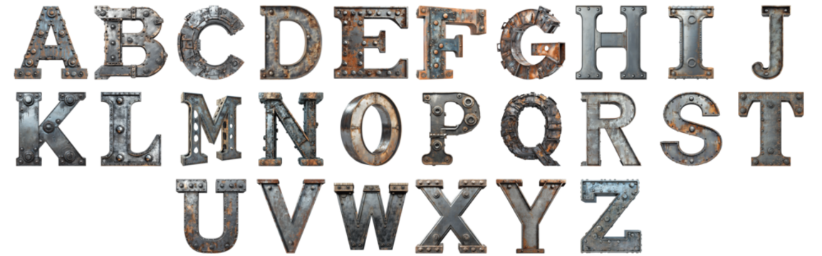 Pack A to Z alphabets Industrial Steel Style set over Transparent Background for Modern Design Projects, Creative Branding, or Unique Typography Applications