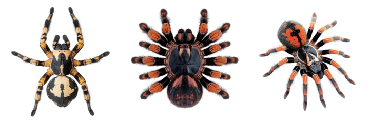 Set of A colour Tiger tarantula, top view, on a plain,PNG format Background. Generative AI,
