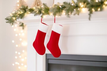 Red Christmas Stockings Hanging on Festive Mantel with Garland and Light