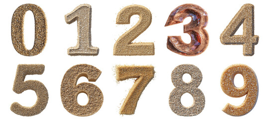 Pack 0 to 9 Numbers Glimmering Beach Sand Style set over Transparent Background for Modern Design Projects, Creative Branding, or Unique Typography Applications
