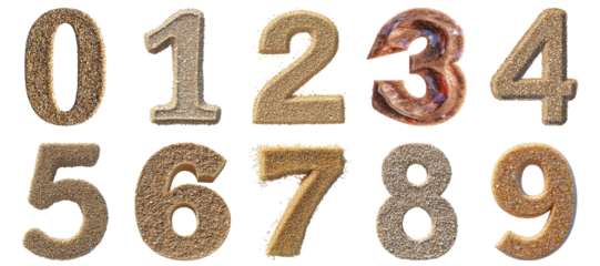 Pack 0 to 9 Numbers Glimmering Beach Sand Style set over Transparent Background for Modern Design Projects, Creative Branding, or Unique Typography Applications