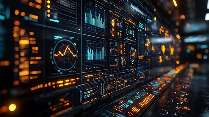 Futuristic Control Room Operators Manage Smart Grid with Holographic Screens in Real Time