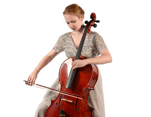 Beautiful young woman playing cello on white background © New Africa