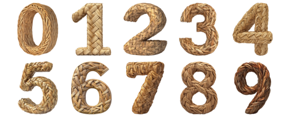 Pack 0 to 9 Numbers Woven Basket Style set over Transparent Background for Modern Design Projects, Creative Branding, or Unique Typography Applications