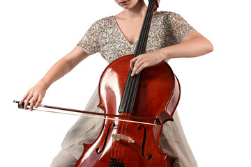 Young woman playing cello on white background, closeup © New Africa