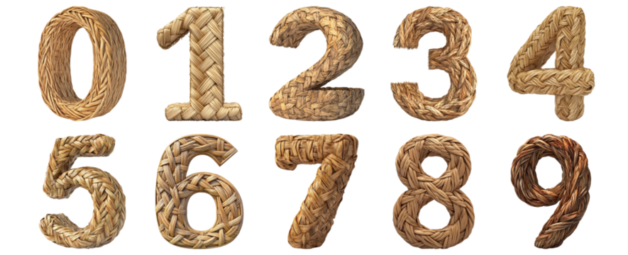 Pack 0 to 9 Numbers Woven Basket Style set over Transparent Background for Modern Design Projects, Creative Branding, or Unique Typography Applications