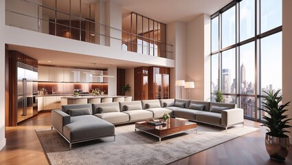 Modern loft apartment interior panorama 3d render