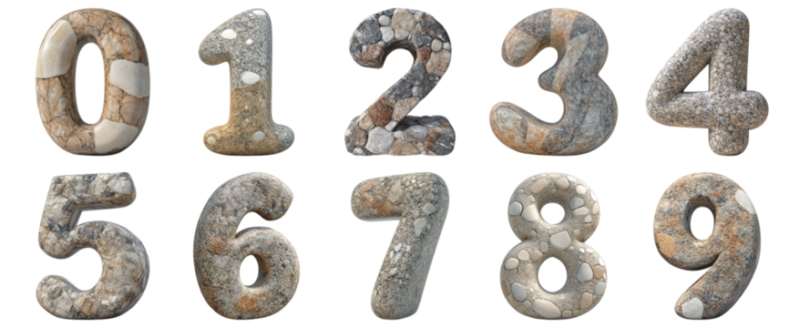 Pack 0 to 9 Numbers Stone Style set over Transparent Background for Modern Design Projects, Creative Branding, or Unique Typography Applications