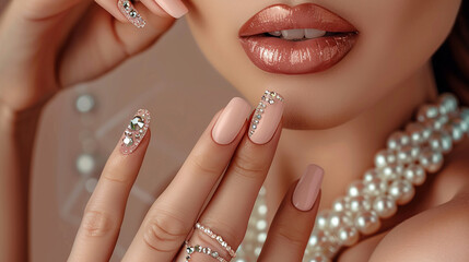 Elegant Close-Up of a Glamorous Woman with Stunning Pearl Nail Art

