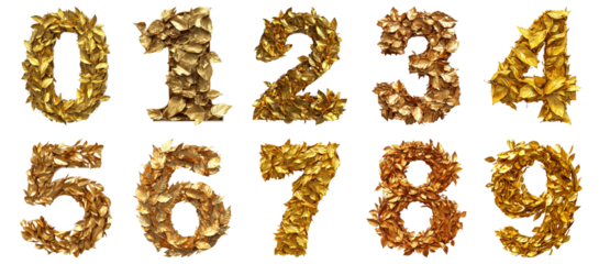 Pack 0 to 9 Numbers Golden Leaves Style set over Transparent Background for Modern Design Projects, Creative Branding, or Unique Typography Applications