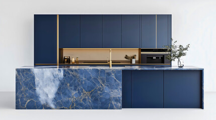Luxury Blue Kitchen Design: Marble Countertops, Gold Accents, and Sleek Cabinets for a Stylish, Functional, and Elegant Culinary Space