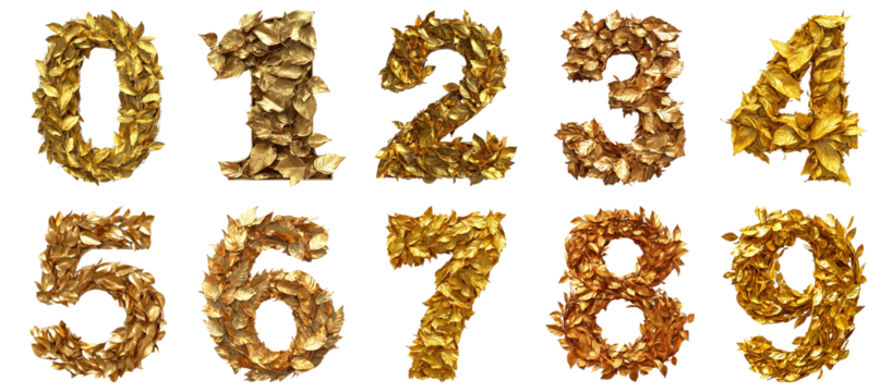 Pack 0 to 9 Numbers Golden Leaves Style set over Transparent Background for Modern Design Projects, Creative Branding, or Unique Typography Applications