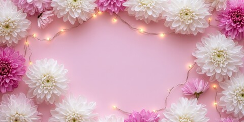 Obraz premium Romantic Layout of Pink and White Chrysanthemums with Twinkling Lights on a Soft Pink Background for Invitations and Celebrations