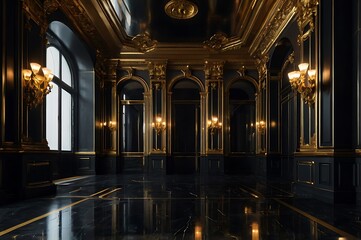 Obraz premium Gold and Black Baroque Style Palace Portal, Luxurious Design, Generative AI