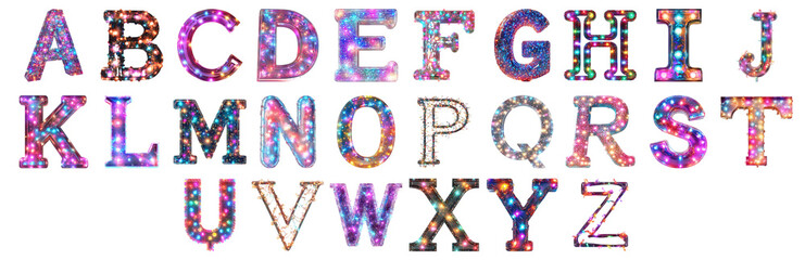 Pack A to Z alphabets Twinkling Lights Style set over Transparent Background for Modern Design Projects, Creative Branding, or Unique Typography Applications