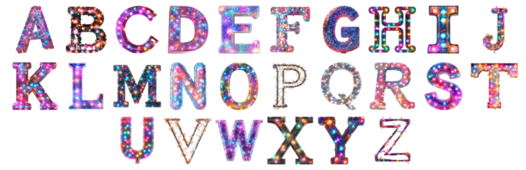 Pack A to Z alphabets Twinkling Lights Style set over Transparent Background for Modern Design Projects, Creative Branding, or Unique Typography Applications