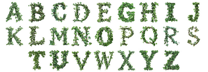 Pack A to Z alphabets Leafy Vines Style set over Transparent Background for Modern Design Projects, Creative Branding, or Unique Typography Applications
