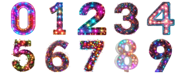 Pack 0 to 9 Numbers Twinkling Lights Style set over Transparent Background for Modern Design Projects, Creative Branding, or Unique Typography Applications