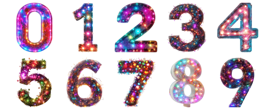 Pack 0 to 9 Numbers Twinkling Lights Style set over Transparent Background for Modern Design Projects, Creative Branding, or Unique Typography Applications