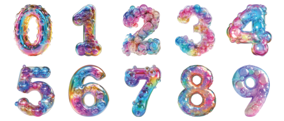 Pack 0 to 9 Numbers Soap Bubbles Style set over Transparent Background for Modern Design Projects, Creative Branding, or Unique Typography Applications