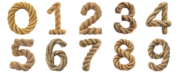 Pack 0 to 9 Numbers Twisted Rope Style set over Transparent Background for Modern Design Projects, Creative Branding, or Unique Typography Applications
