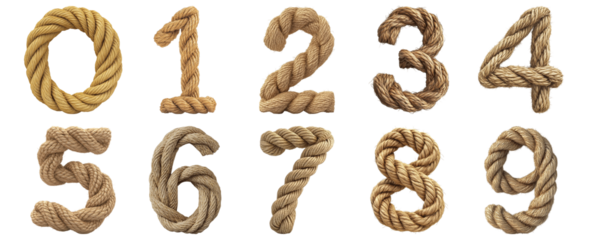Pack 0 to 9 Numbers Twisted Rope Style set over Transparent Background for Modern Design Projects, Creative Branding, or Unique Typography Applications