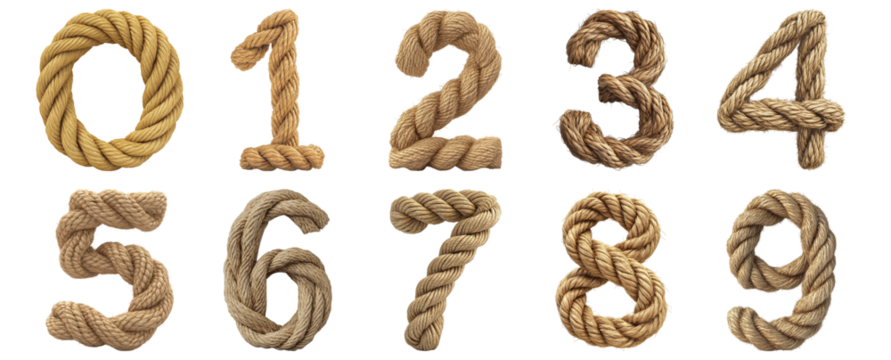 Pack 0 to 9 Numbers Twisted Rope Style set over Transparent Background for Modern Design Projects, Creative Branding, or Unique Typography Applications
