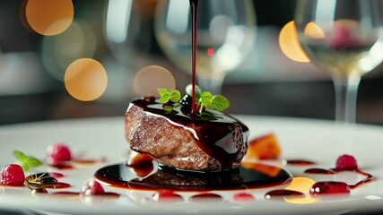 A gourmet dish featuring a beautifully plated piece of meat with sauces and garnishes.