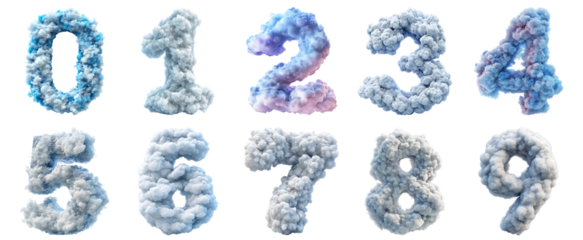 Pack 0 to 9 Numbers Fluffy Clouds Style set over Transparent Background for Modern Design Projects, Creative Branding, or Unique Typography Applications