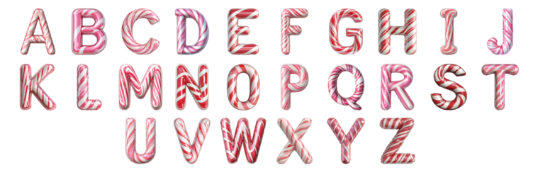Pack A to Z alphabets Candy Cane Style set over Transparent Background for Modern Design Projects, Creative Branding, or Unique Typography Applications
