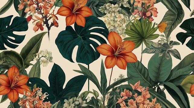 Lush Tropical Floral Pattern Featuring Orange Lilies and Monstera Leaves