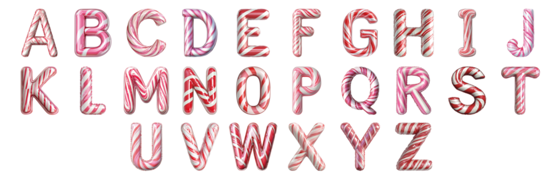 Pack A to Z alphabets Candy Cane Style set over Transparent Background for Modern Design Projects, Creative Branding, or Unique Typography Applications