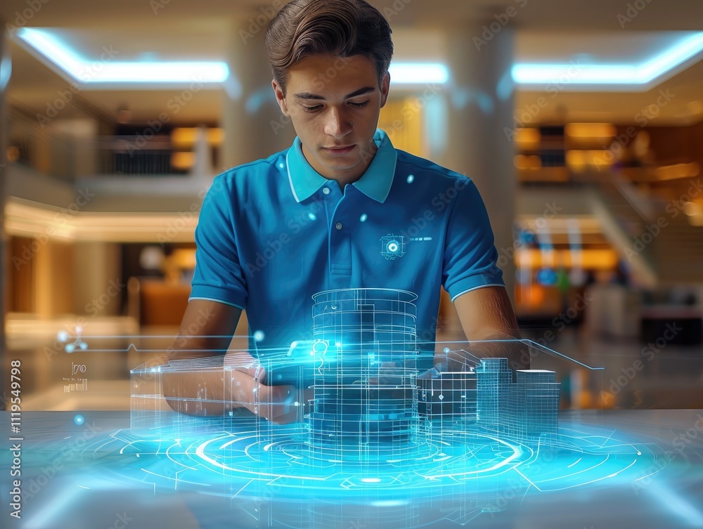 Poster Young man is standing near a table with a hologram projection of a modern building on it. He holds a phone in his hand. A holographic interface is floating above the smartphone screen.