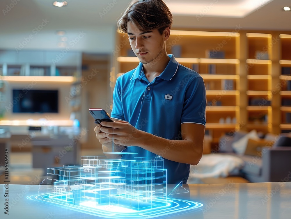 Poster Young man is standing near a table with a hologram projection of a modern building on it. He holds a phone in his hand. A holographic interface is floating above the smartphone screen.