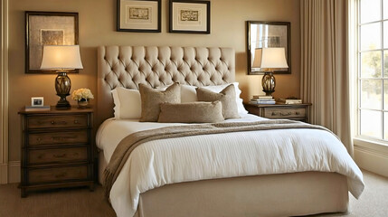 Fototapeta premium Elegant Bedroom Design: Cozy Bed, Stylish Furniture, Soft Textiles, and Natural Light for a Relaxing, Luxury Retreat with Modern Decor