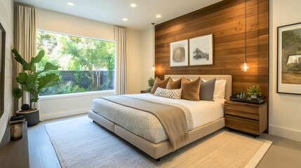 Obraz premium Cozy Modern Bedroom Design: Natural Light, Stylish Furniture, Soft Textiles, and Rustic Wood Accents for a Serene, Inviting Retreat