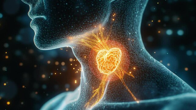 Human thyroid gland in 3D medical illustration. Relevant to thyroid health issues, such as thyroid cancer awareness, hormonal imbalances, and endocrine 