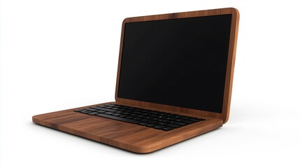 futuristic model of a laptop made of wood isolated on white background