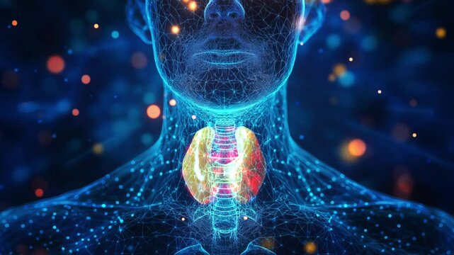 Human thyroid gland in 3D medical illustration. Relevant to thyroid health issues, such as thyroid cancer awareness, hormonal imbalances, and endocrine 