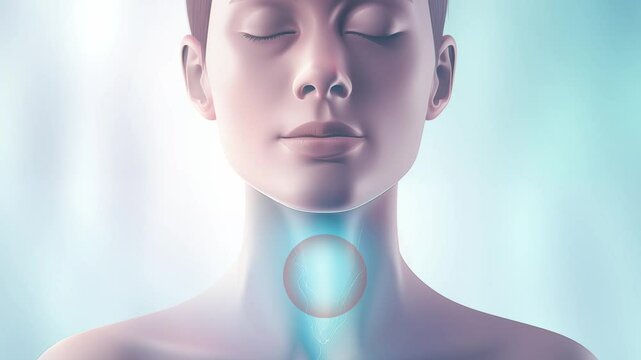 Human throat and thyroid highlighted in red. Relevant throat pain and inflammation, thyroid cancer awareness, hormonal imbalances, and endocrine diseases