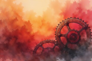 Rustic Interlocked Gears against Warm Watercolor Splashes