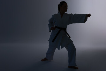 Silhouette of woman in kimono practicing karate on light background, space for text © New Africa