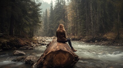 The girl is sitting on a log near the river bank against the background of a beautiful forest