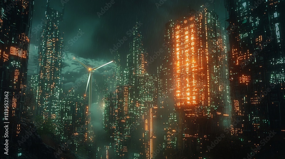 Poster glowing wind turbine connected to futuristic smart grid system with data streams over illuminated ci