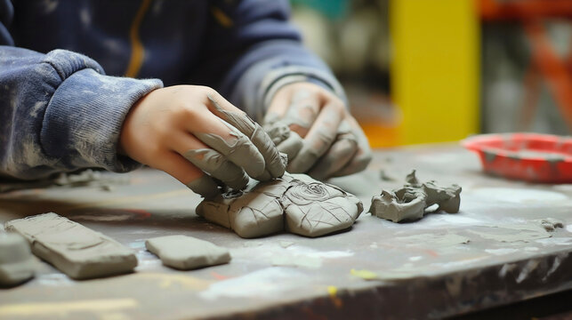 Child sculpting with clay in a workshop, shaping pottery and engaging in tactile, messy play to develop fine motor skills and artistic expression while exploring the creative process.